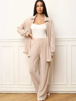 La Modeuse Ensemble chemise pantalon plissés Beige