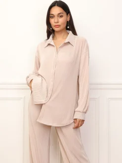 La Modeuse Ensemble chemise pantalon plissés Beige