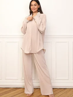 La Modeuse Ensemble chemise pantalon plissés Beige