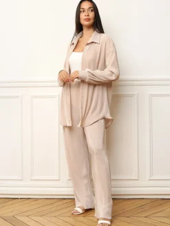 La Modeuse Ensemble chemise pantalon plissés Beige