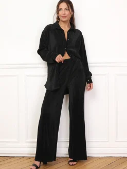Sale La Modeuse Ensemble chemise pantalon plissés Noir