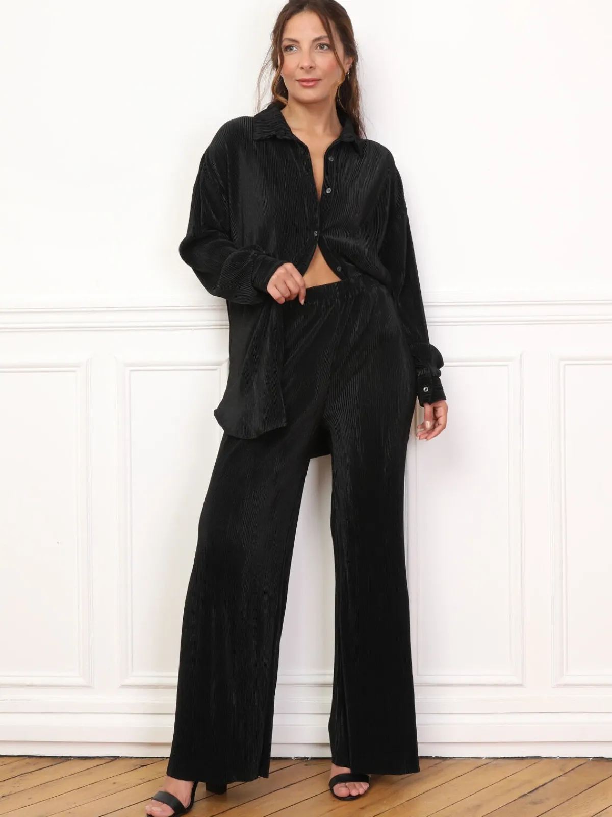 Sale La Modeuse Ensemble chemise pantalon plissés Noir