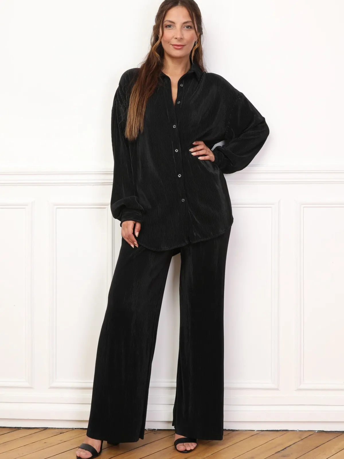Sale La Modeuse Ensemble chemise pantalon plissés Noir
