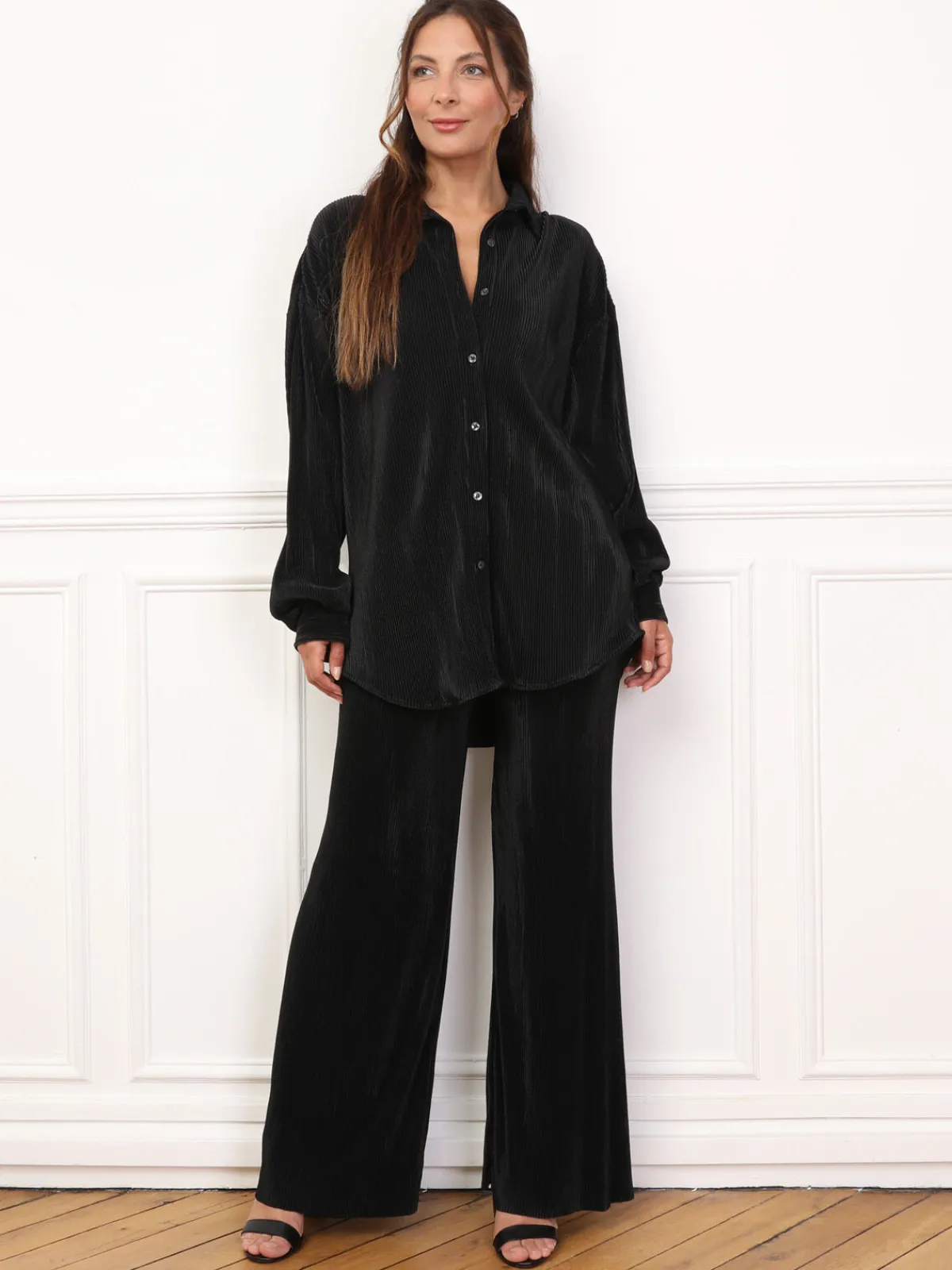 Sale La Modeuse Ensemble chemise pantalon plissés Noir