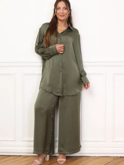 New La Modeuse Ensemble chemise pantalon satinés Kaki