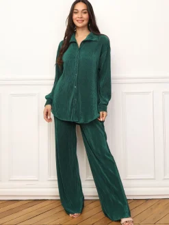 Online La Modeuse Ensemble chemise pantalon plissés Vertfoncé