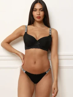 Online La Modeuse Ensemble en dentelle avec bretelles strass Noir