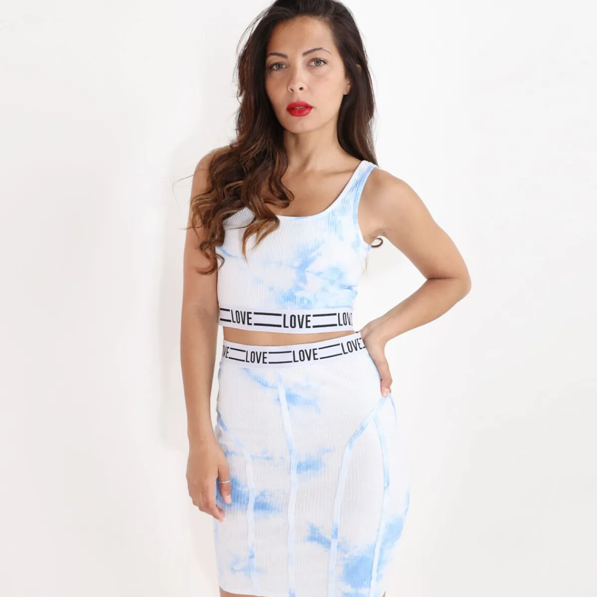 Outlet La Modeuse Ensemble jupe crop top tie and dye BleuClair