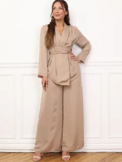 Discount La Modeuse Ensemble kimono et pantalon texturés Taupe