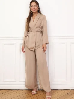 Discount La Modeuse Ensemble kimono et pantalon texturés Taupe