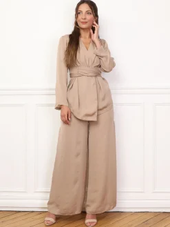 Discount La Modeuse Ensemble kimono et pantalon texturés Taupe