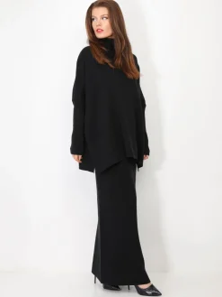 Discount La Modeuse Ensemble maille jupe longue et col roulé Noir