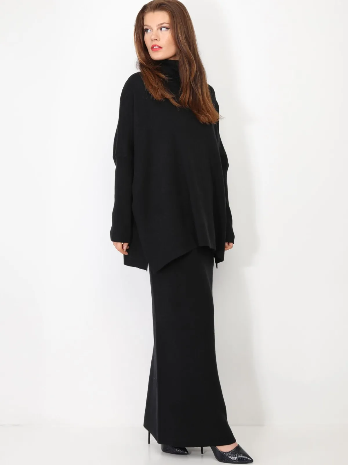 Discount La Modeuse Ensemble maille jupe longue et col roulé Noir