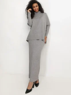 La Modeuse Ensemble maille jupe longue et col roulé Gris