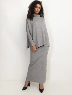 La Modeuse Ensemble maille jupe longue et col roulé Gris