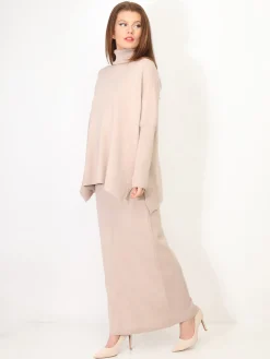 Hot La Modeuse Ensemble maille jupe longue et col roulé Beige