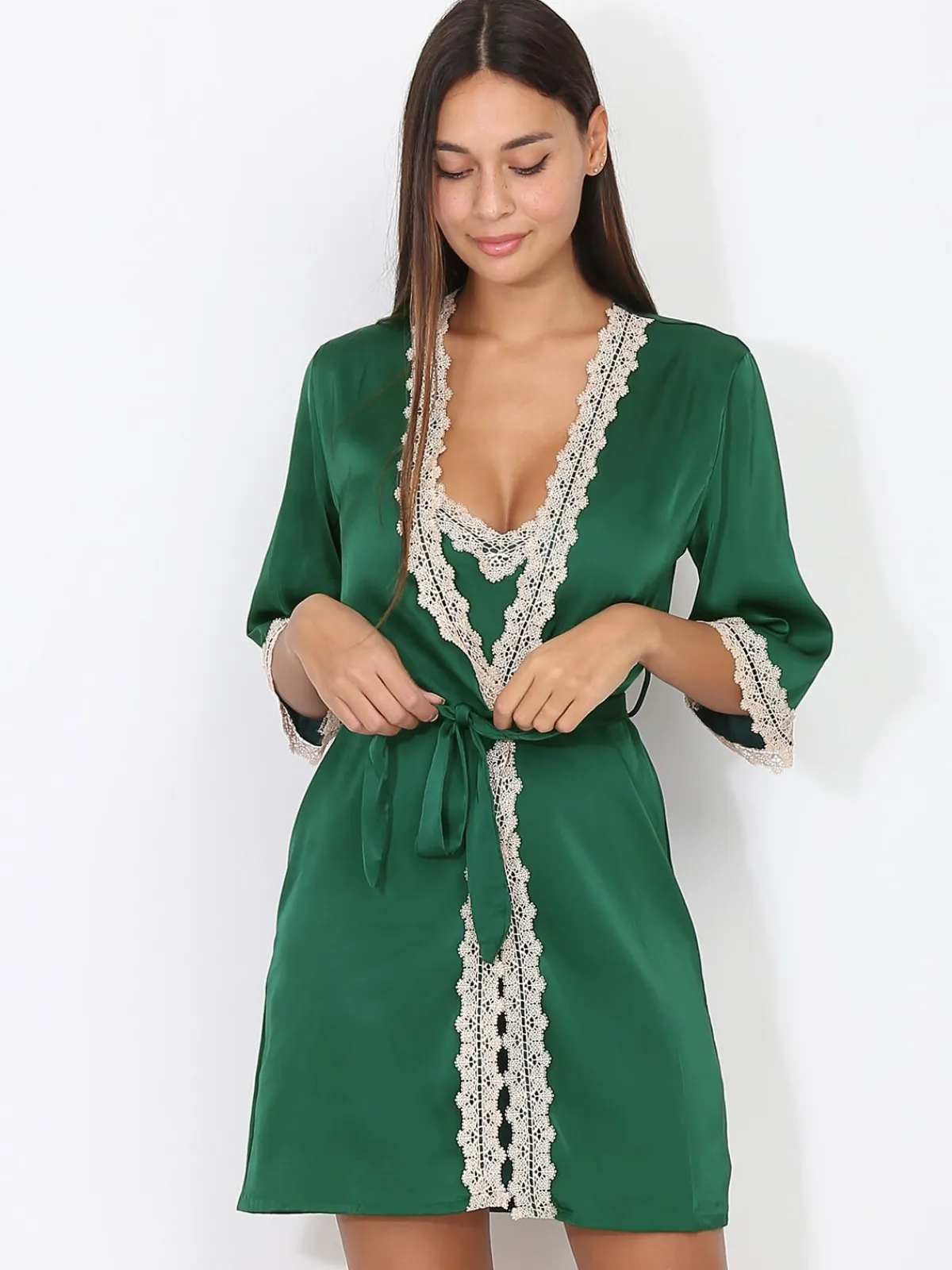 Sale La Modeuse Ensemble nuisette et kimono à dentelle Vert