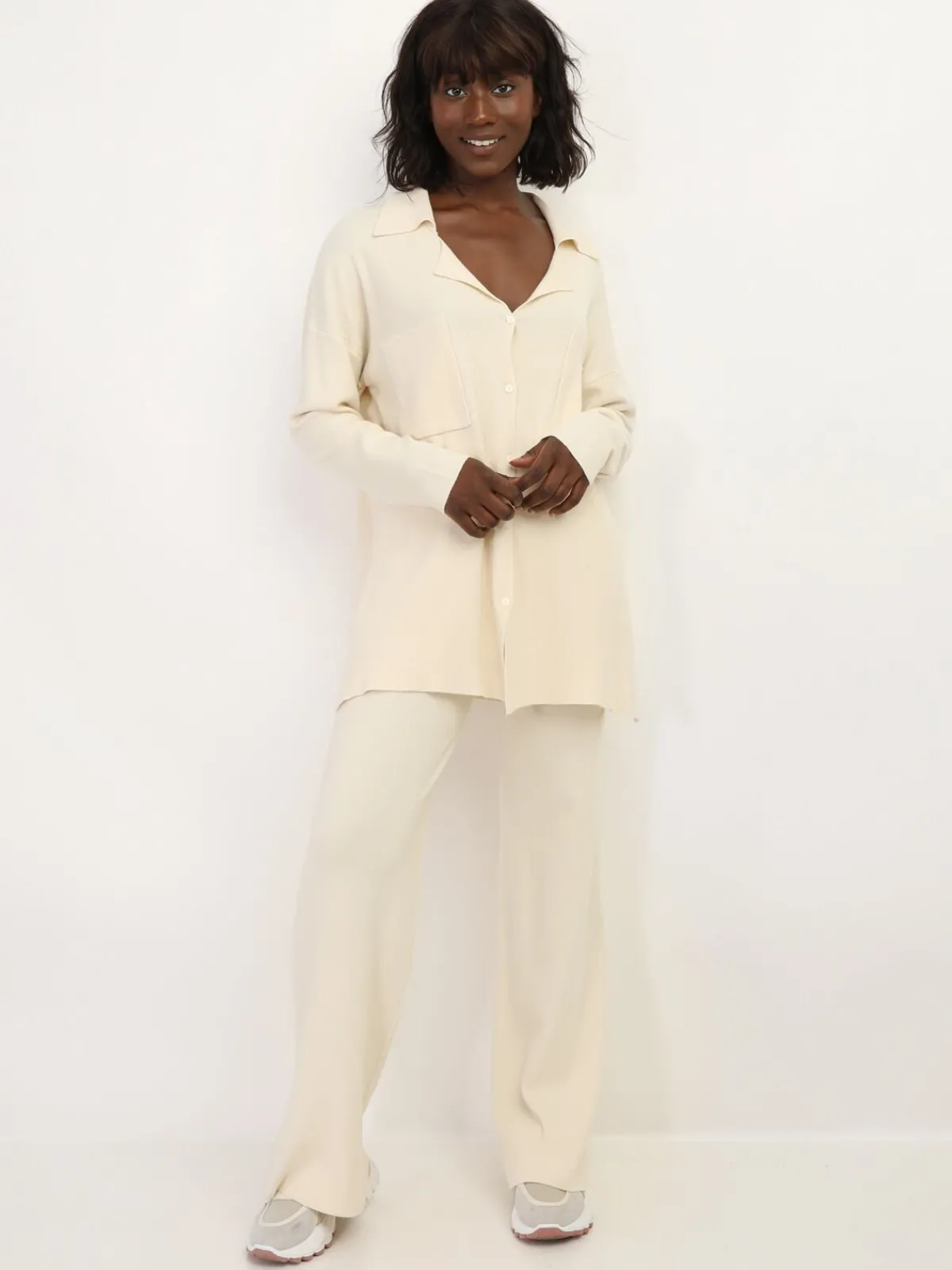 Sale La Modeuse Ensemble pantalon et cardigan en maille Beige