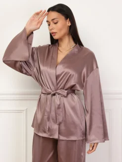 Hot La Modeuse Ensemble pantalon et kimono satinés VieuxRose