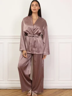 Hot La Modeuse Ensemble pantalon et kimono satinés VieuxRose