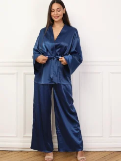 Clearance La Modeuse Ensemble pantalon et kimono satinés BleuMarine