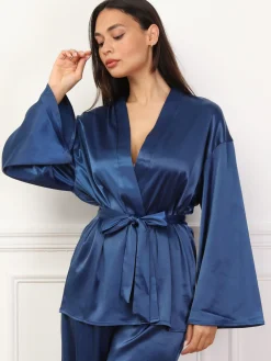Clearance La Modeuse Ensemble pantalon et kimono satinés BleuMarine