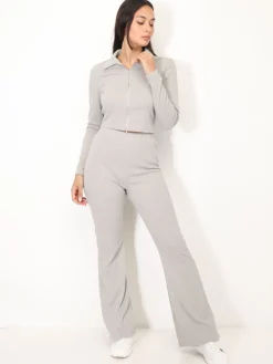 Best La Modeuse Ensemble pantalon et top zippé Gris