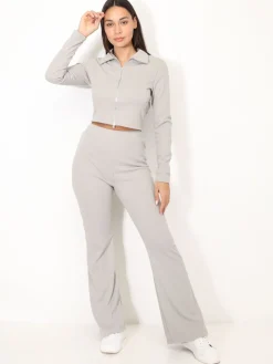 Best La Modeuse Ensemble pantalon et top zippé Gris