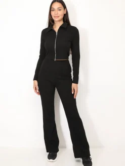 Best La Modeuse Ensemble pantalon et top zippé Noir