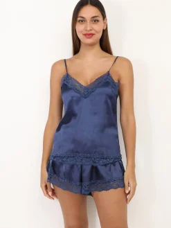 Clearance La Modeuse Ensemble pyjama satiné à dentelle Bleu