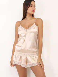 Online La Modeuse Ensemble pyjama satiné à dentelle Beige