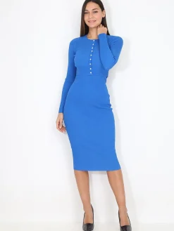 New La Modeuse Ensemble robe moulante et gilet court Bleu