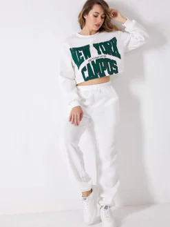 Discount La Modeuse Ensemble sweat imprimé et jogging Blanc