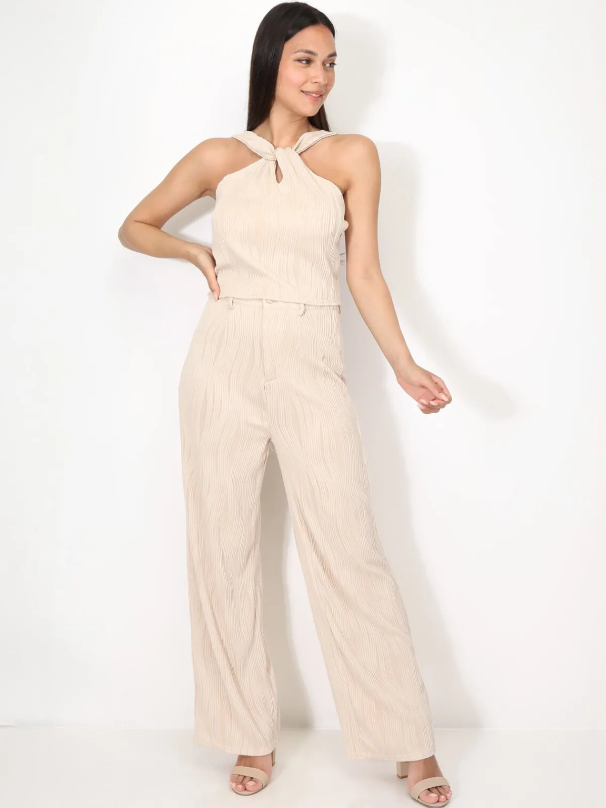 Sale La Modeuse Ensemble top et pantalon en relief Beige