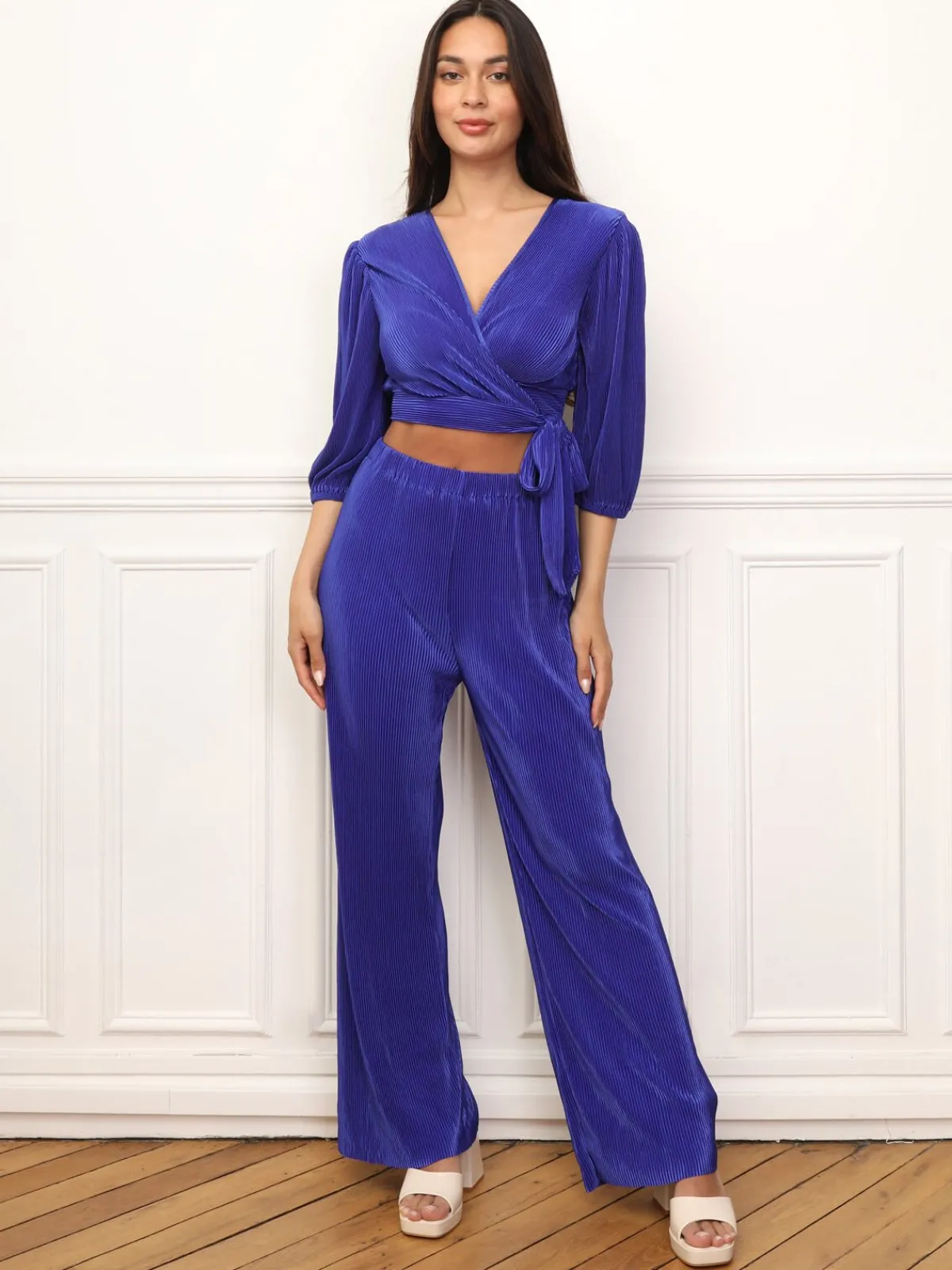 Best La Modeuse Ensemble top pantalon plissés et satinés Bleu