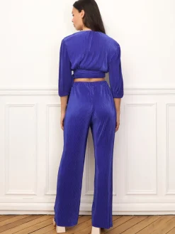 Best La Modeuse Ensemble top pantalon plissés et satinés Bleu