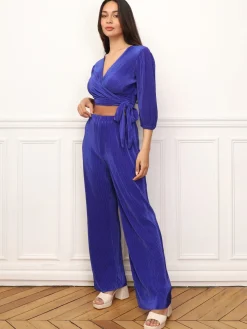 Best La Modeuse Ensemble top pantalon plissés et satinés Bleu