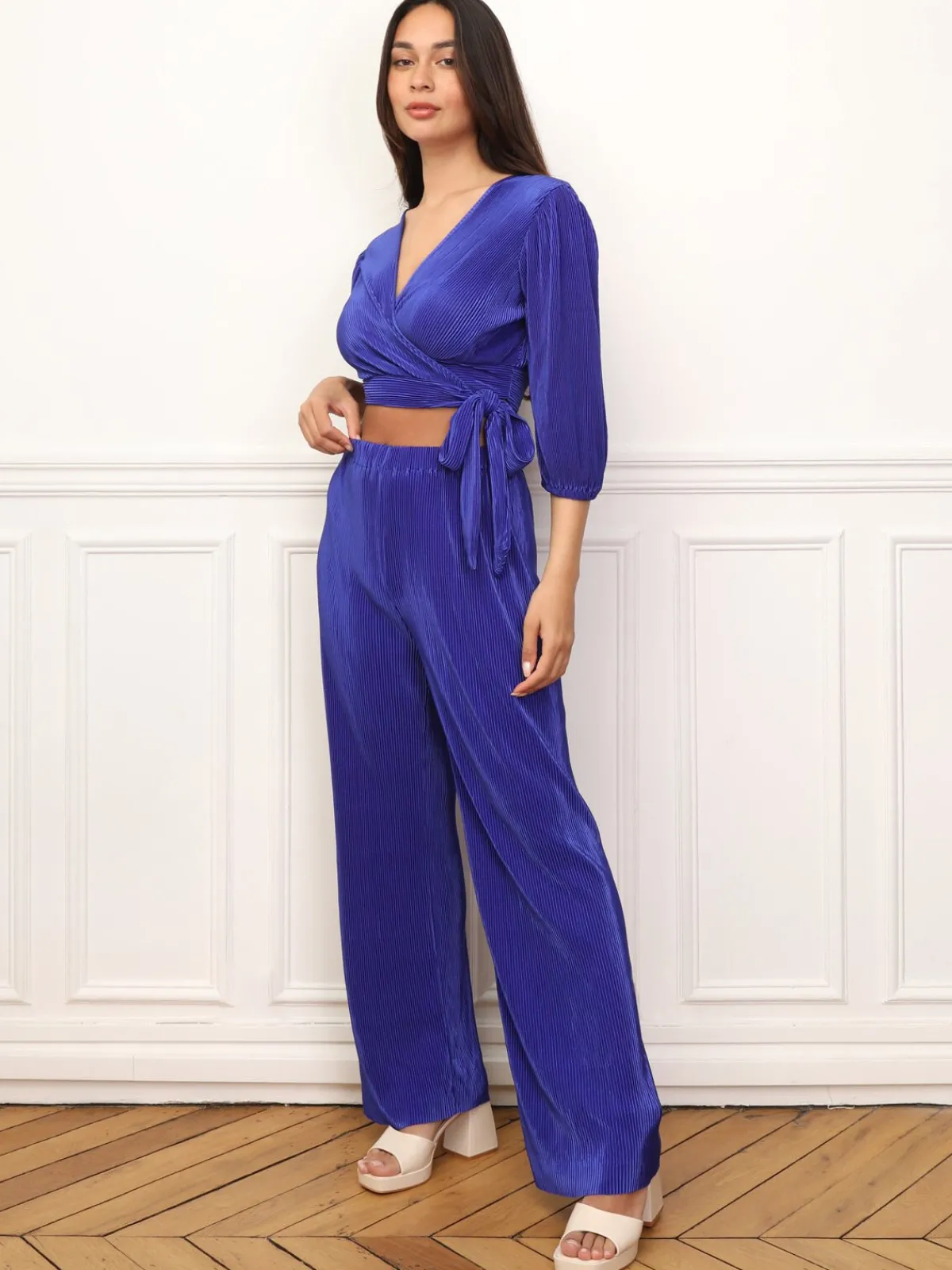Best La Modeuse Ensemble top pantalon plissés et satinés Bleu
