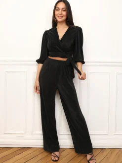 Discount La Modeuse Ensemble top pantalon plissés et satinés Noir