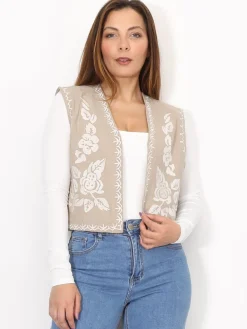Clearance La Modeuse Gilet brodé sans manches Taupe
