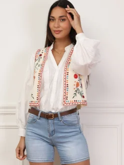 Discount La Modeuse Gilet court à broderie florale Beige