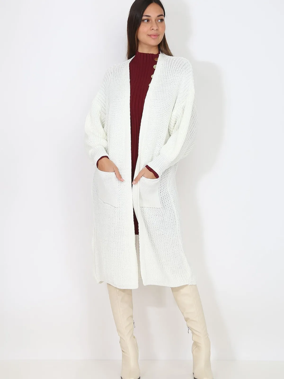Online La Modeuse Gilet long en maille ajourée Blanc