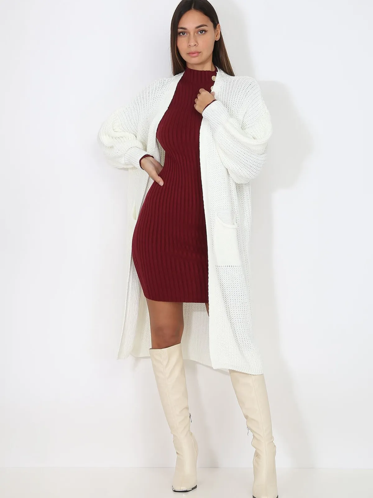 Online La Modeuse Gilet long en maille ajourée Blanc