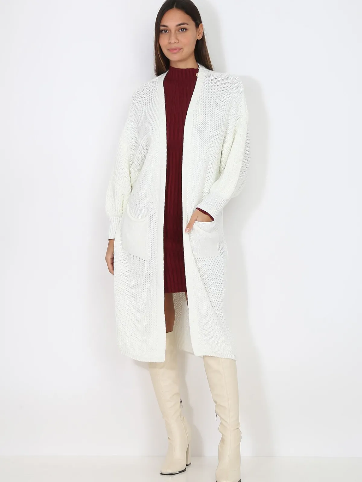 Online La Modeuse Gilet long en maille ajourée Blanc