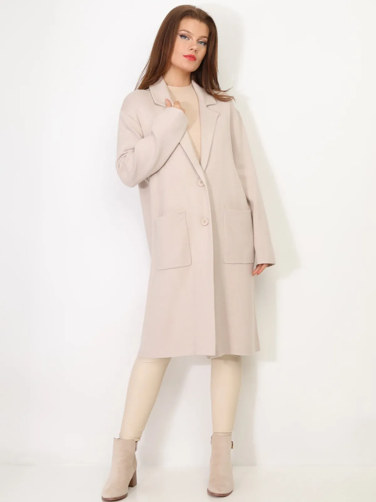 Clearance La Modeuse Gilet mi-long avec poches et revers de col Beige