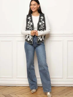 Sale La Modeuse Gilet sans manches avec broderies Noir