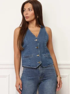 Sale La Modeuse Gilet sans manches en denim BleuClair