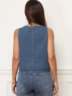 Sale La Modeuse Gilet sans manches en denim BleuClair