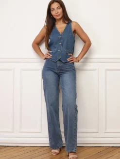 Sale La Modeuse Gilet sans manches en denim BleuClair