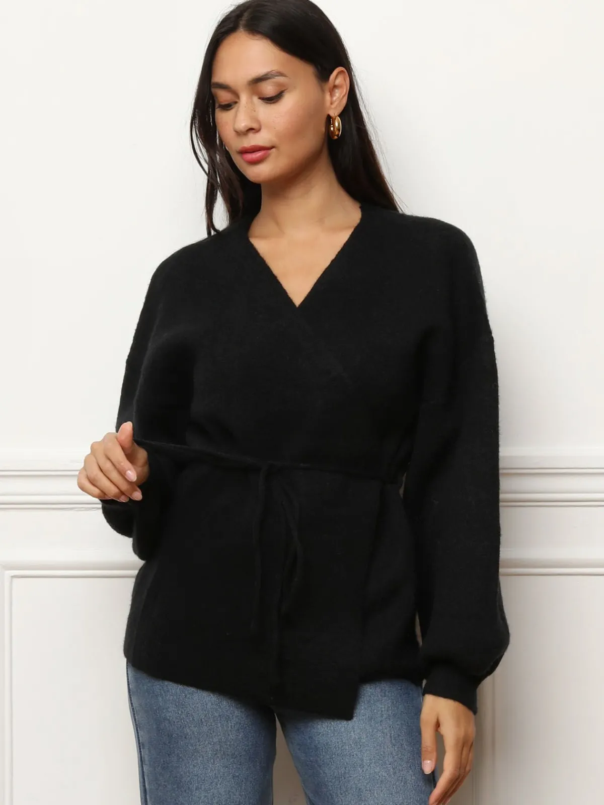 La Modeuse Gilet style kimono à nouer Noir